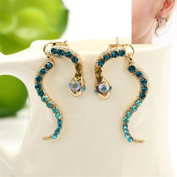 Rhinestone Snake Ear Jacket Gold Serpent Earrings - Picture 1 of 9
